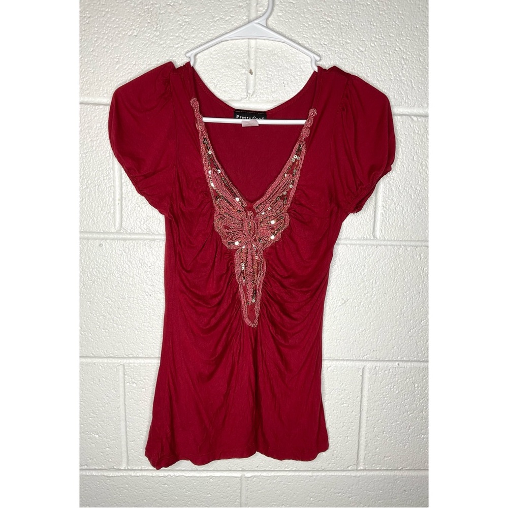< Y2K “Pretty Good” Red Blouse With Silver Sequin Detail >